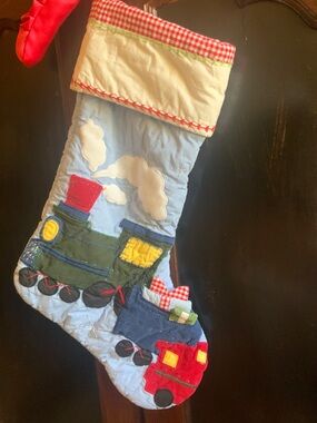 Quilted Appliqué Train Christmas Stocking - Blue, Red, Green
